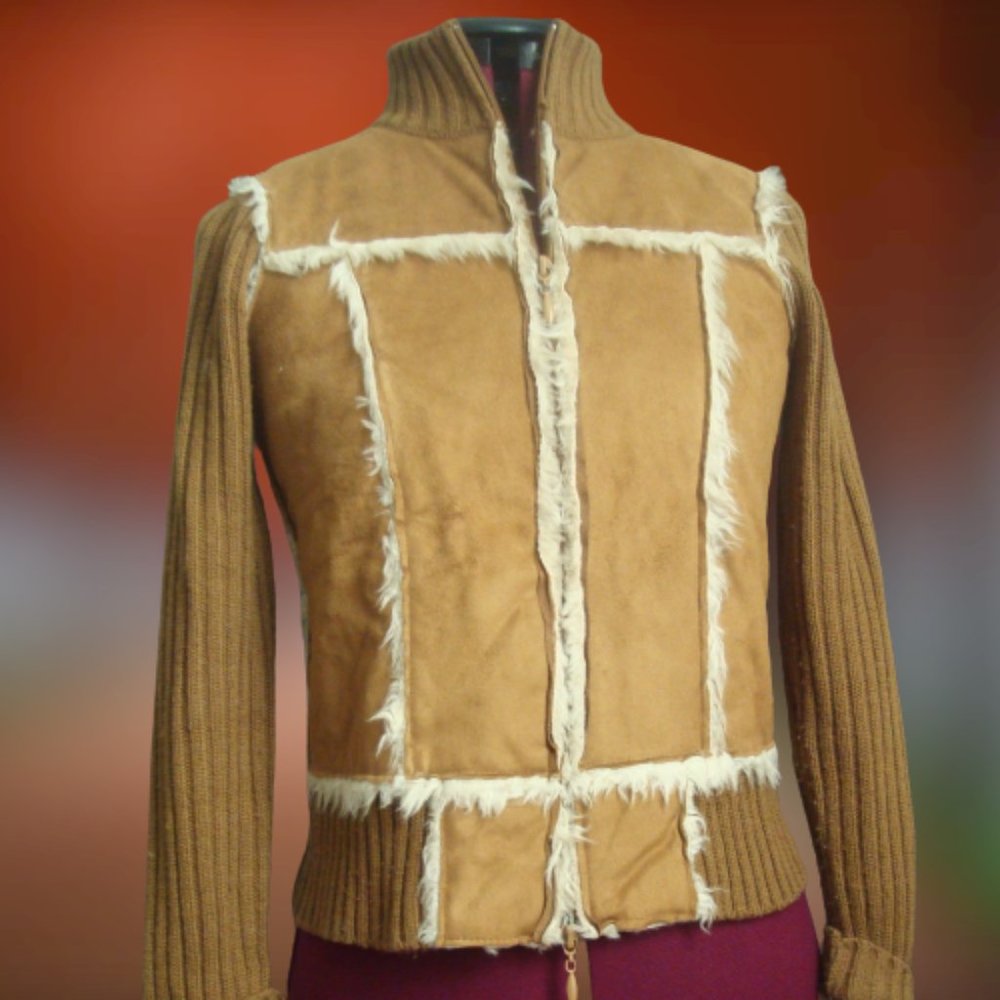 Vintage Vegan Faux Shearling Suede Zip Sweater Ribbed Sherpa Style